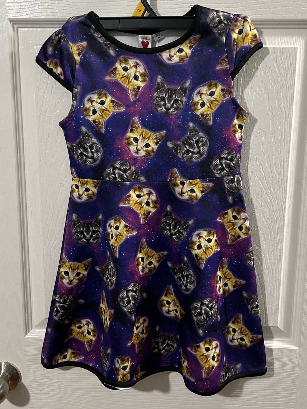 Love Rocks Space Cat Dress. Girl’s Purple Galaxy Cat Print Twirl Dress. Size M